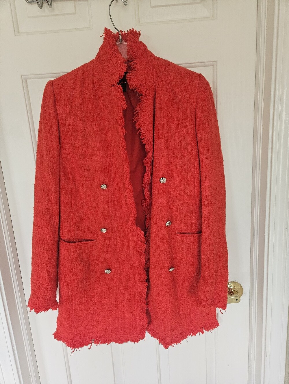 Rachel Zoe Red Fringed Tweed Double-Breasted Blazer